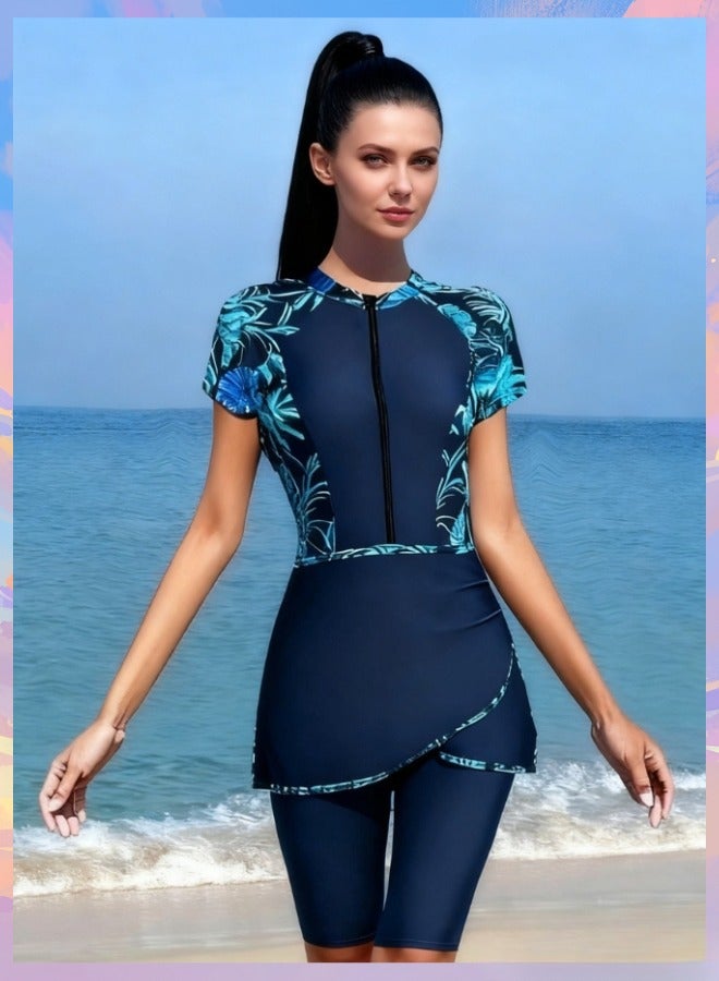 Fianser Swimwear 3-Piece Swimsuits Set Short Sleeve With Short Skirt Mid-Length Pants Burkini Beachwear Conservative Swimming Costume Sun UV Protection Surfing Suit Diving Suit Quick Dry Zipper - Image 2